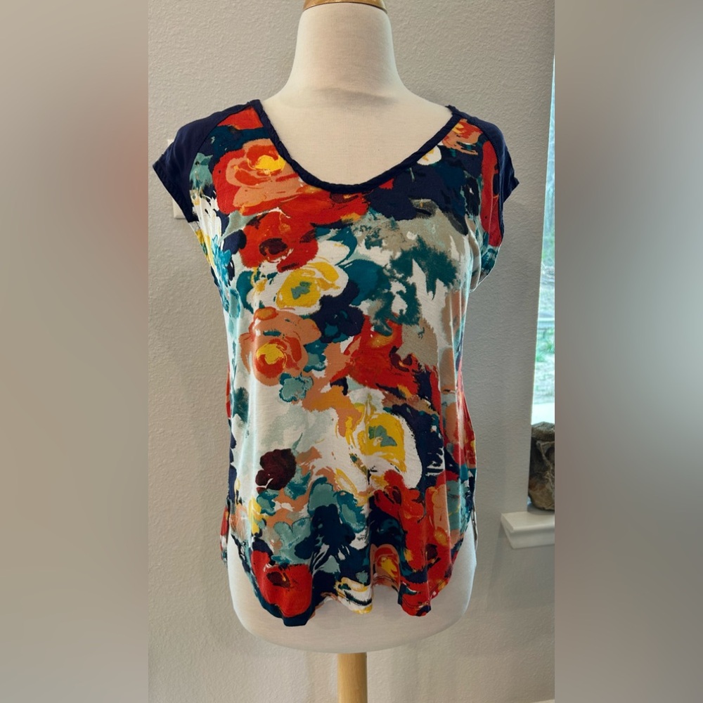 Anthro | porridge watercolor Floral Print keyhole back Top xs